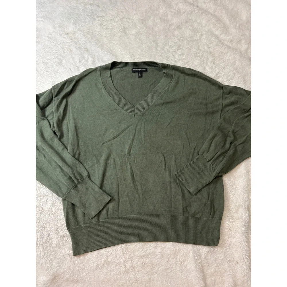 Banana Republic V-Neck Sweater Mens Large Green Excellent Cotton Rayon Knit